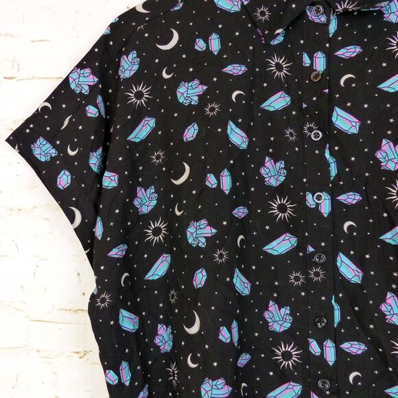 Hot Topic Shirt Womens M Black Pastel Crystals Celestial Crop Button Up Goth - Picture 6 of 13